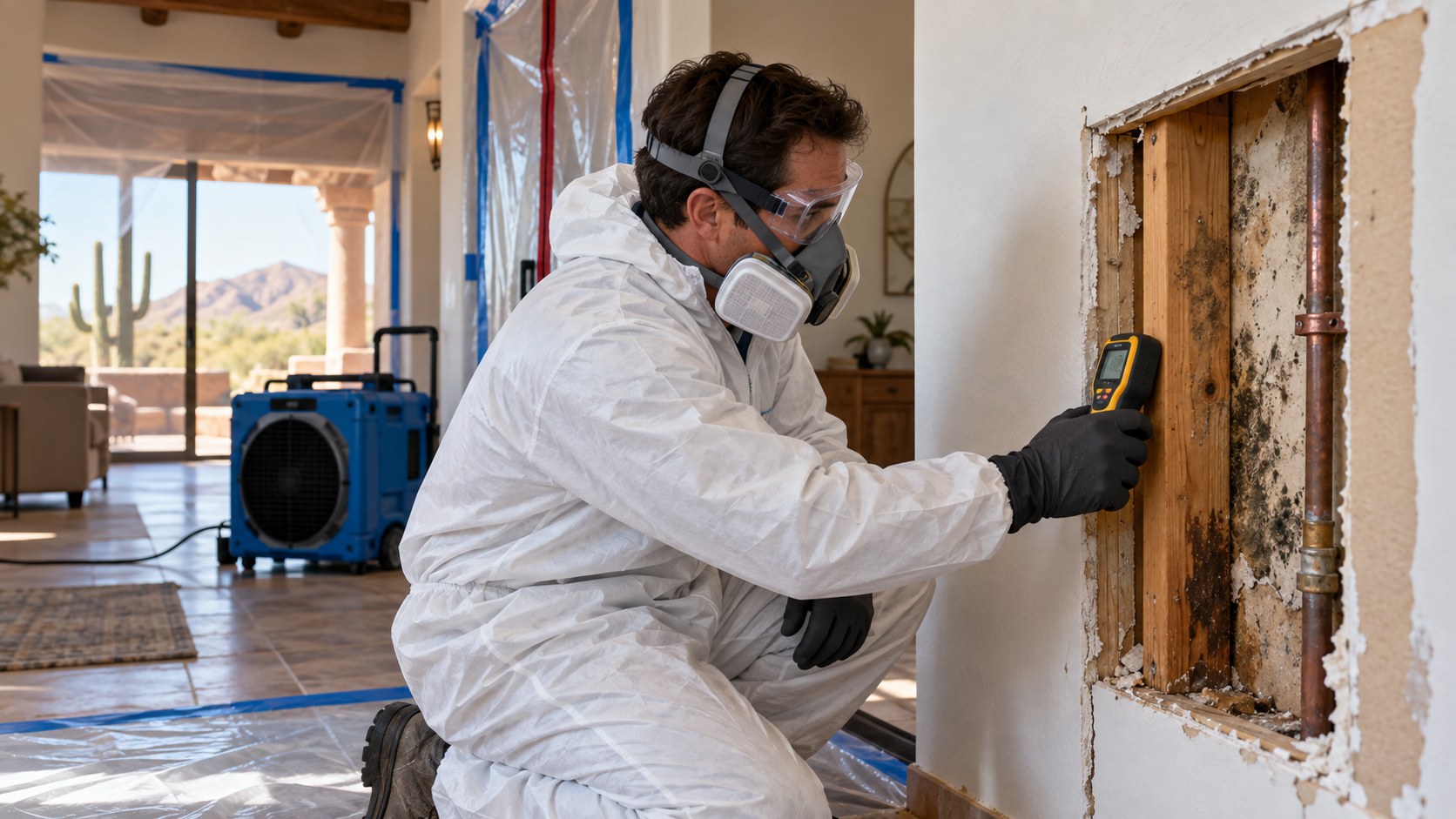 Mold remediation technician checks moisture and hidden growth behind drywall in a Mesa home.