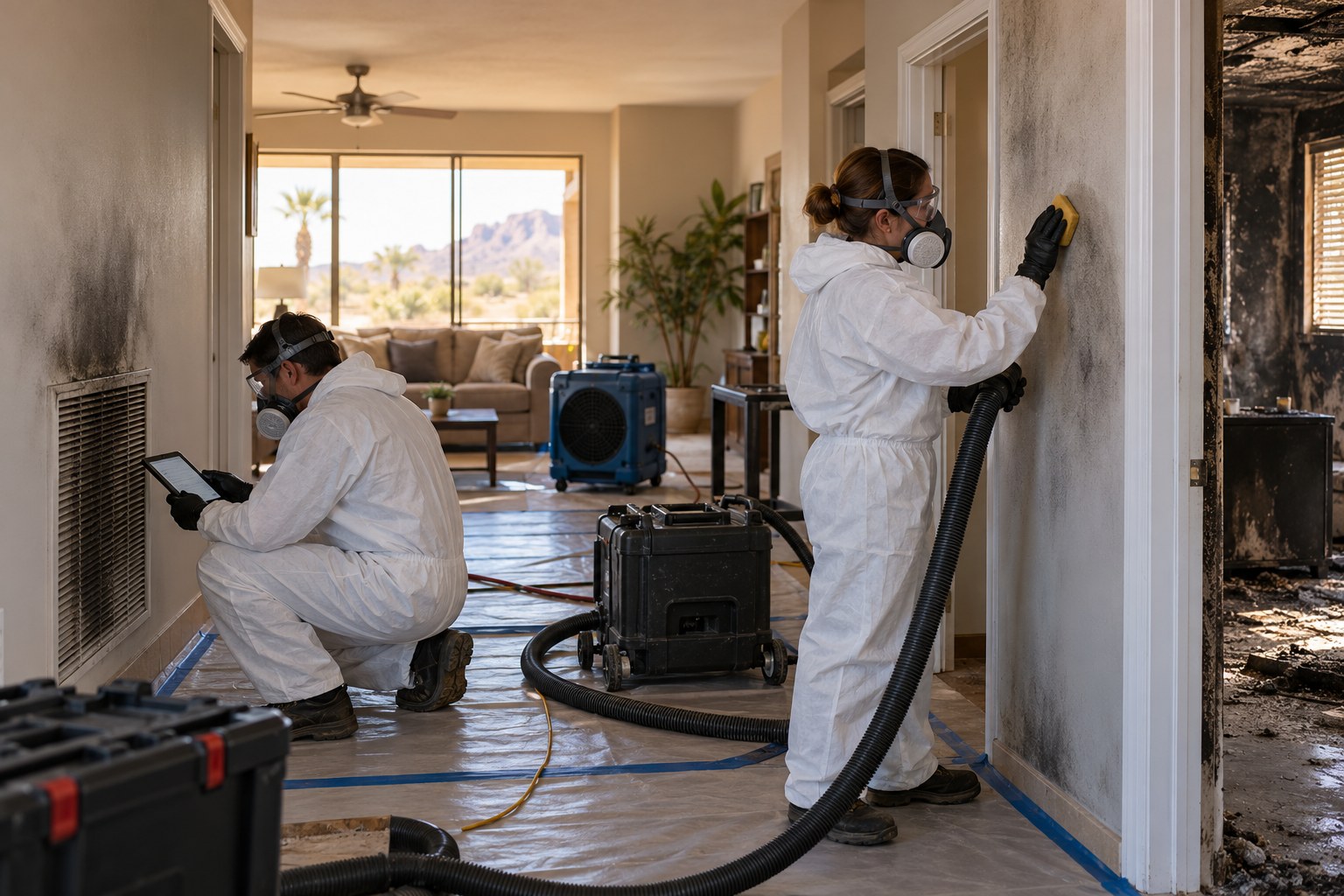 Restoration technicians cleaning soot and inspecting an HVAC return after a house fire in Mesa, Arizona.
