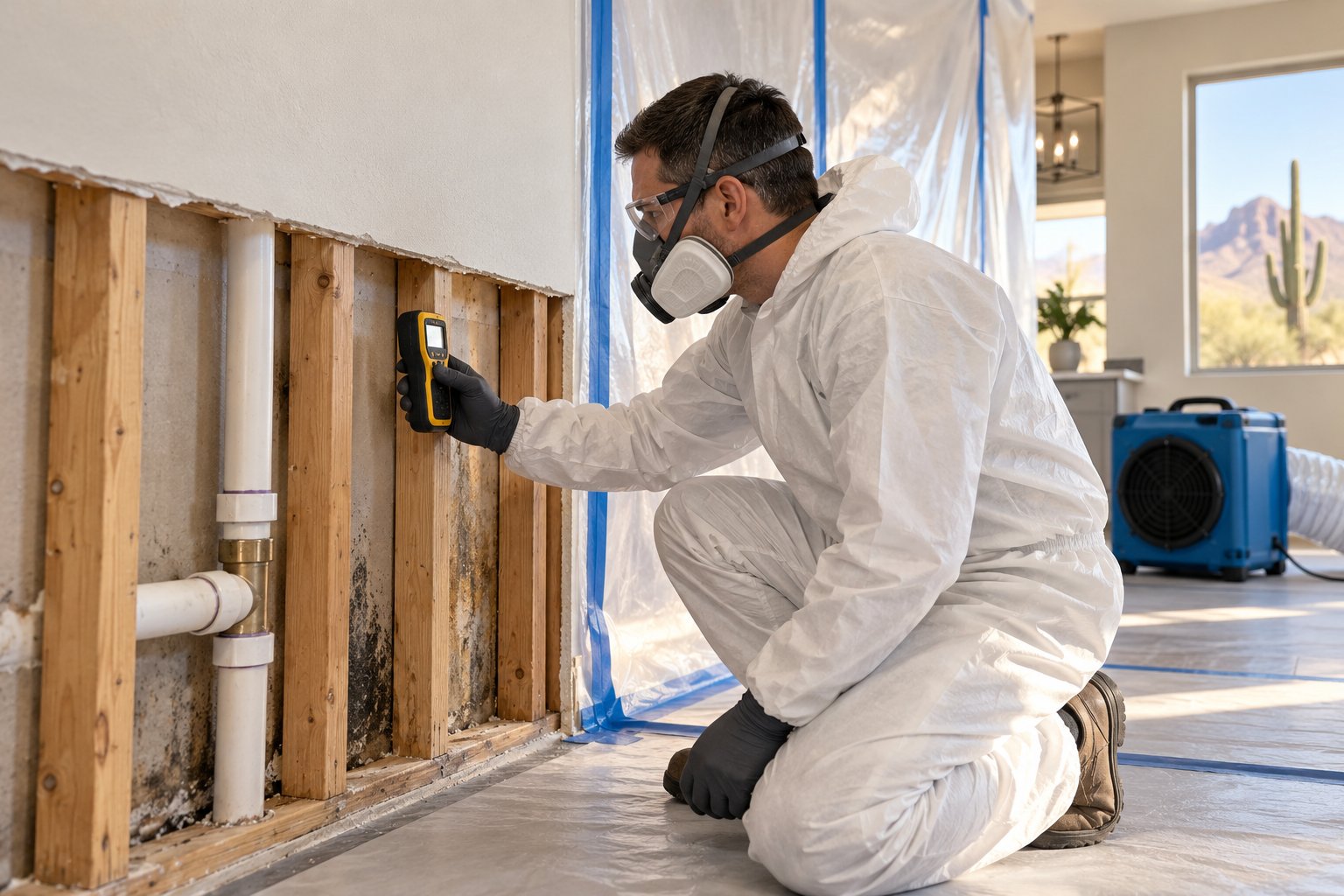 Restoration technician checks moisture in exposed wall framing during mold remediation in a Mesa-area home.