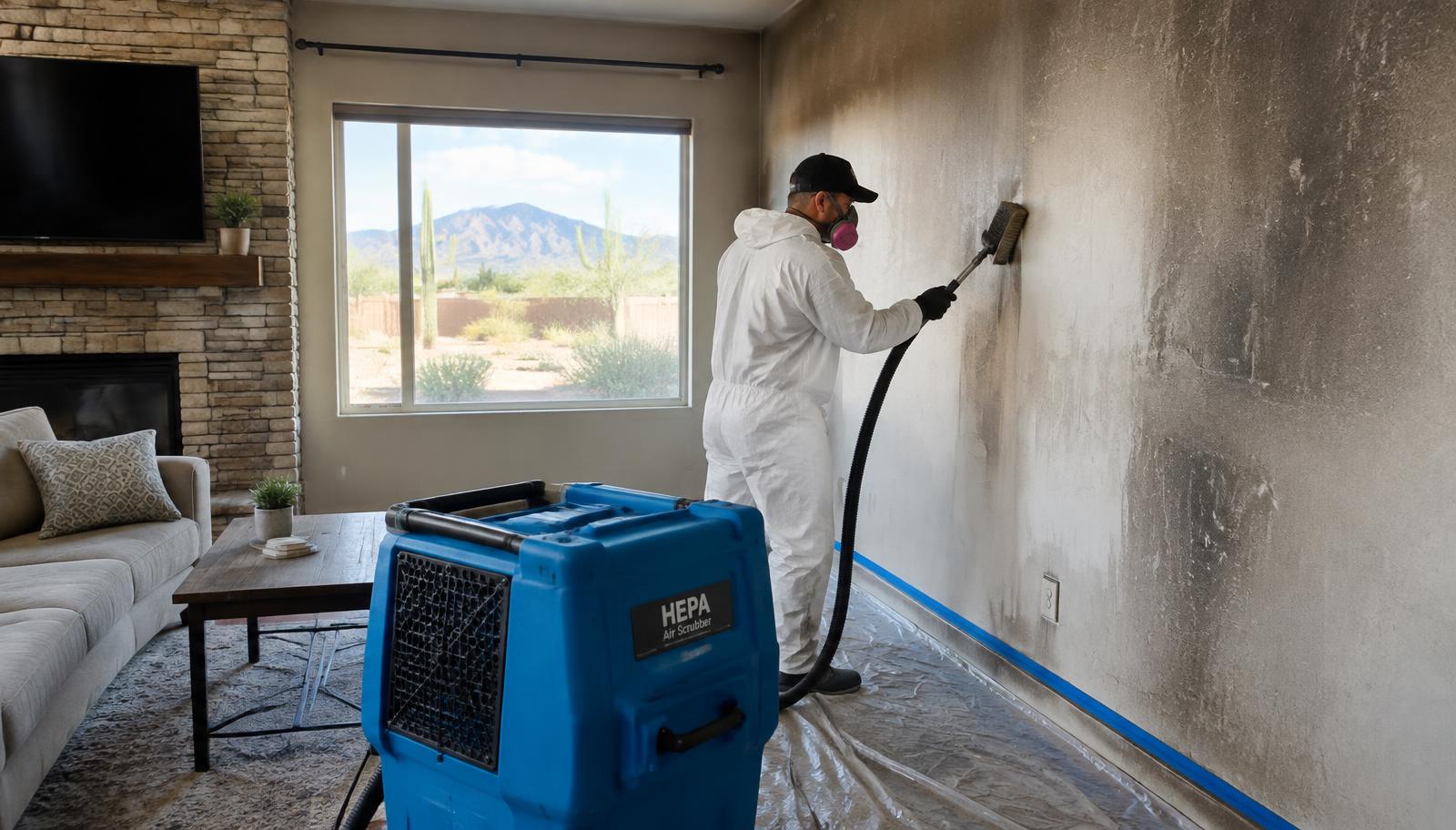 Restoration technician cleans smoke soot from a living room wall in a Mesa home.