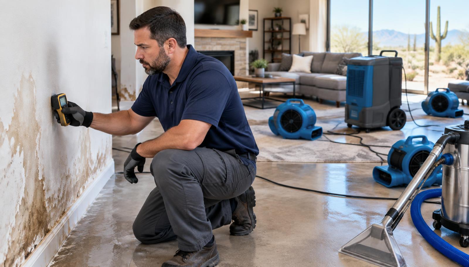 Restoration technician checks hidden moisture while drying equipment operates in a water-damaged Mesa home.