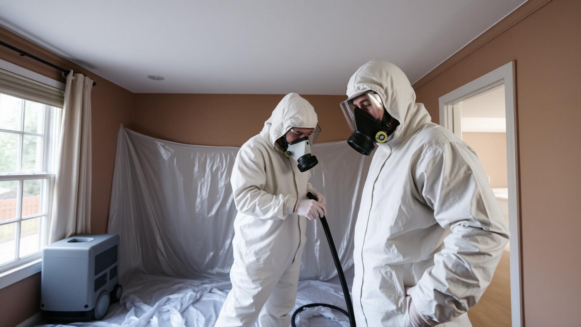 Certified mold remediation technicians in PPE setting up containment